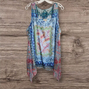 Emerald colorful floral print shark bite hem crochet back blouse woman's size 2X